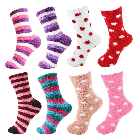 Super Soft Microfiber Comfy Cozy Fun Fluffy Furry Plush Warm Fuzzy Colorful Bed Lounge Striped Polka Dot Slipper Socks - 8E - 8 Pair Value Pack