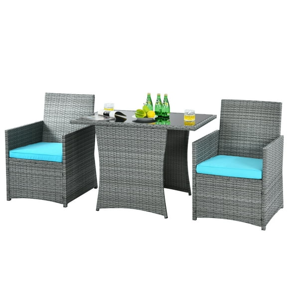 Patiojoy 3PCS Patio Rattan Furniture Set Outdoor Wicker Table & Chair Set w/Cushions Turquoise