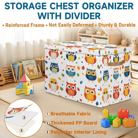 Herdesigns Owl Large Storage Organizer with Lid, Sturdy Collapsible Storage Box, Containers Baskets Cube with Dividers, Living Room, Bedroom 25" x 13" x 16"