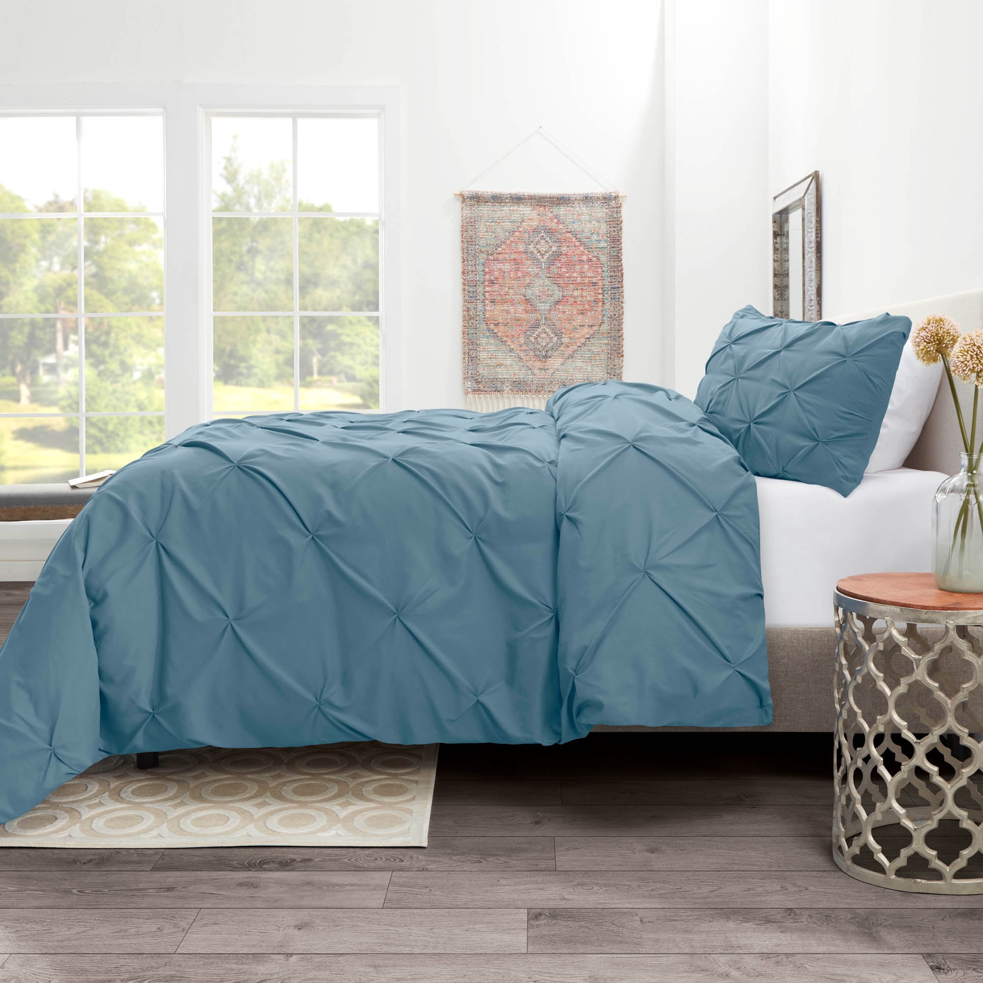 Nestl 2 Piece Pinch Pleated Pintuck Duvet Cover Set with Shams, Soft Microfiber,Button Closure Bedding Set, Twin - Blue Heaven