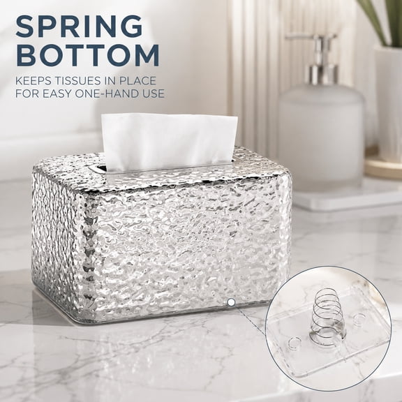 Spring Loaded Rectangle Tissue Box Cover with Lid, Decorative Facial Tissue Holder for Bathroom Vanity, Bedroom Nightstand, Office Desk, Fits Standard Kleenex Tissues