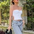 thumbnail image 4 of Womens Summer Strapless Split Hem Crop Tube Top Off Shoulder Sleeveless Ruched Chest Slim-Fit Non-Slip Silicone Bandeau, 4 of 21