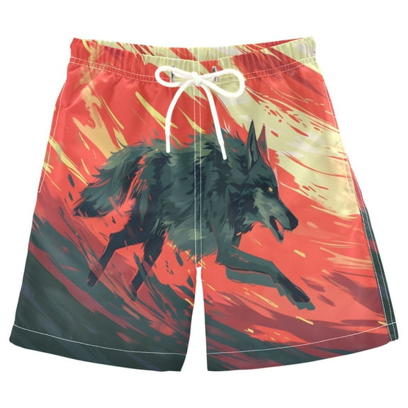 joogoo Kids Boys Swim Trunks Wolf Running Beach Board Shorts Drawstring Swimsuit Kid Teen L