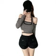 thumbnail image 1 of ZAXARRA Female Crop Tops, Off Shoulder Long Sleeve Fake Two Pieces T-Shirt, 1 of 7