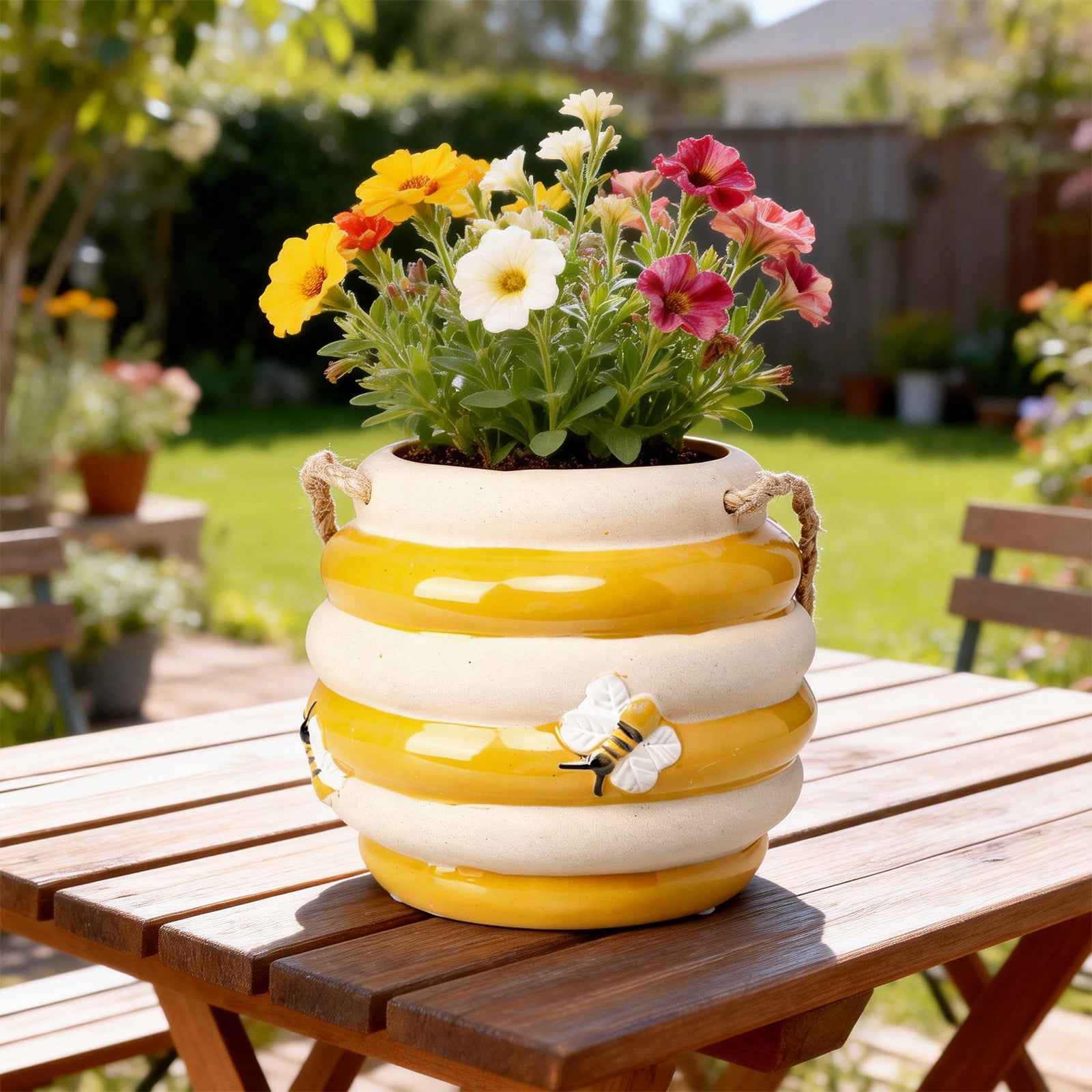 Ceramic Bee Hive Hanging Planter – Yellow & White Striped Flower Pot with Jute Rope Hanger, Bee Decor for Indoor/Outdoor Plants, Succulents & Flowers