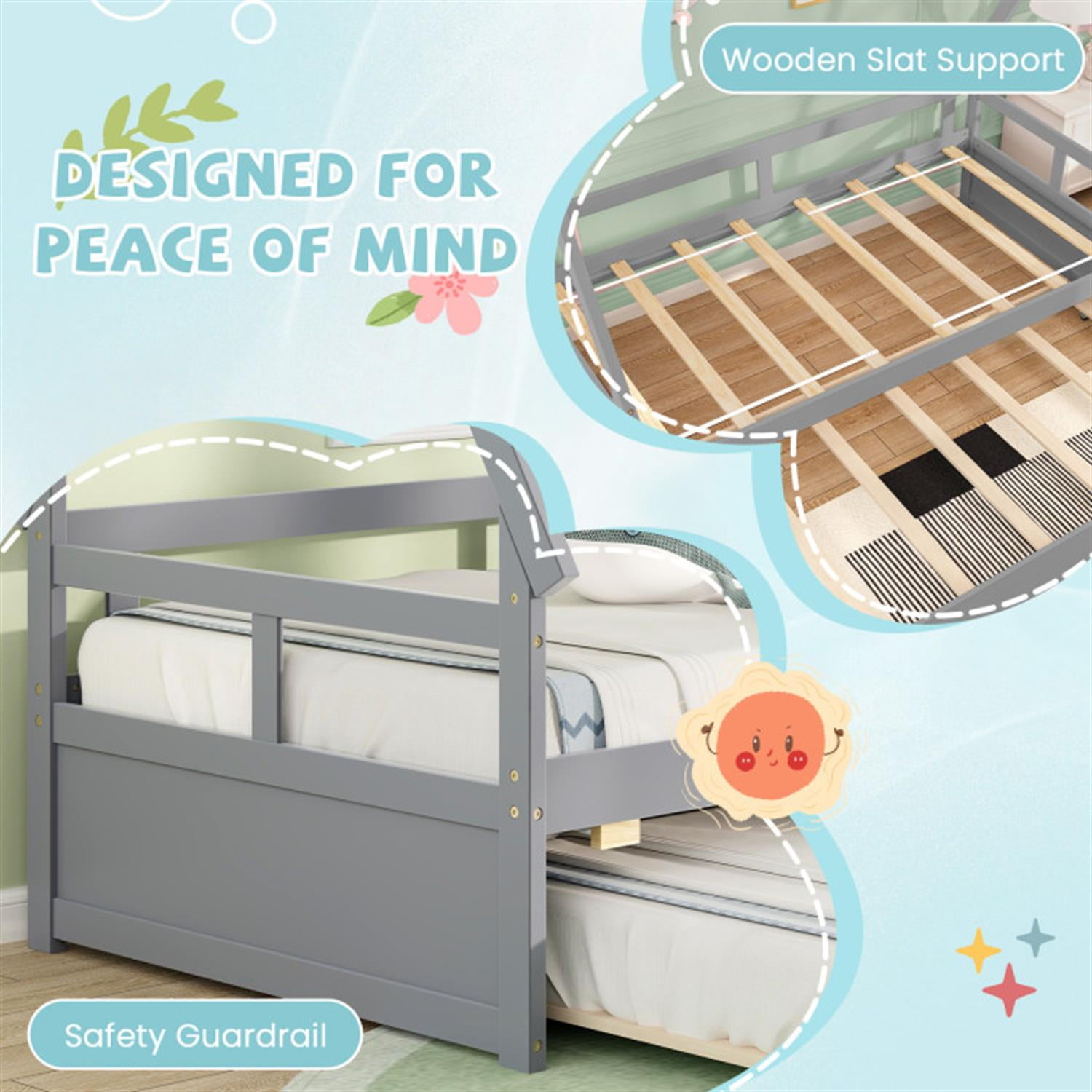 Demi Bonn Twin Size House Bed Frames with Trundle and Safety Guardrail, Modern Platform Bed Frames for Teens, Gray