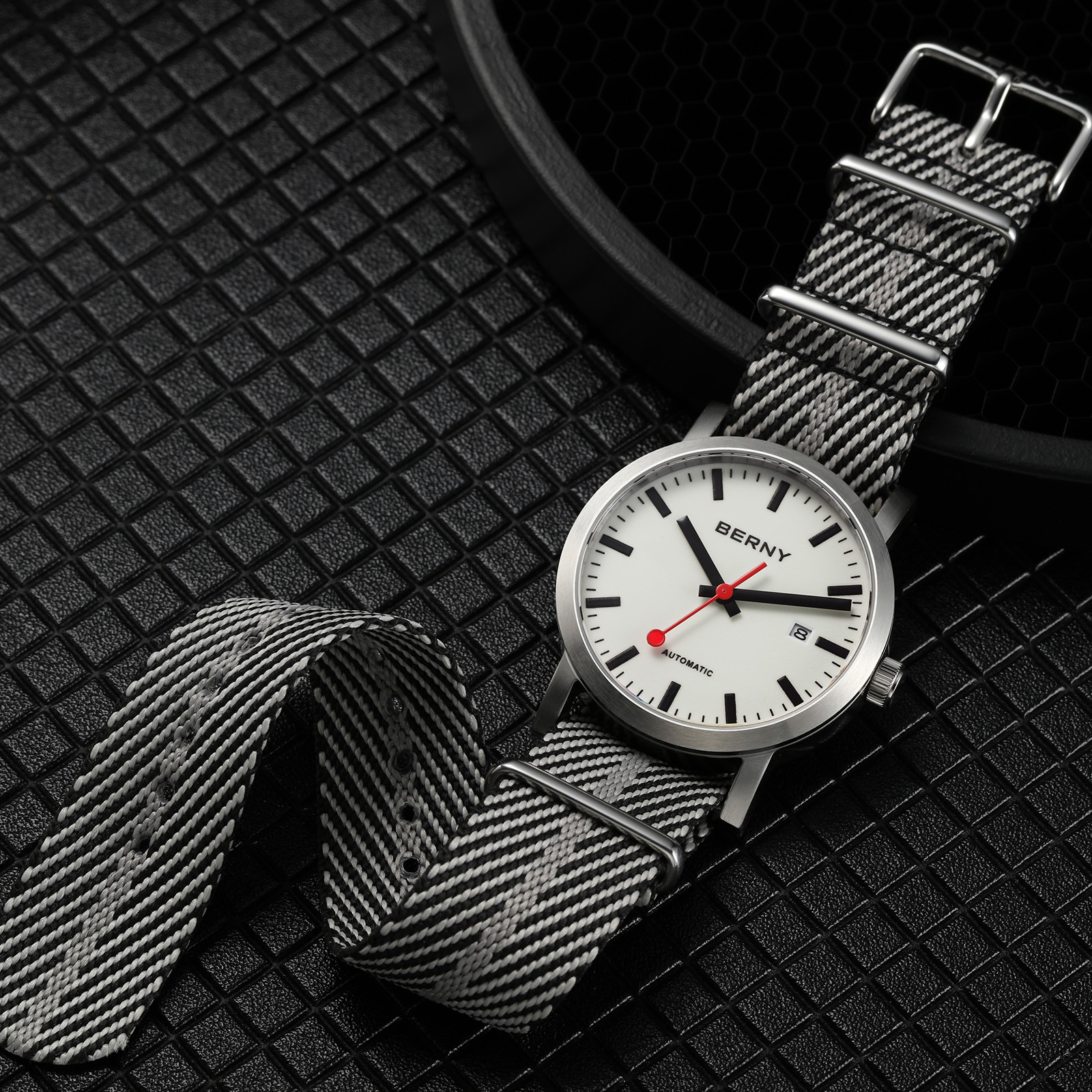 BERNY Automatic Watches for Men, Luxury Self Winding Mechanical Dress Watch with Date, Nylon Strap, Sapphire Crystal, Luminous, Stainless Steel, 50M Waterproof, Minimalist Mens Watches (White)