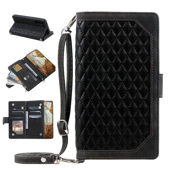 TECH CIRCLE for Samsung Galaxy S21 Wallet Case,Crossbody Purse Cover Card Slots Flip Holder Luxury PU Leather Zipper Protective Case with Wrist Strap,Black