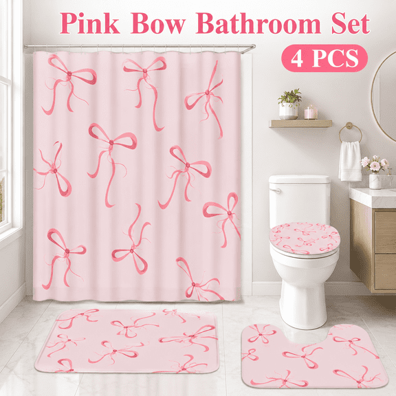 MEYRKLOE 4 Piece Pink Bow Shower Curtain Set, Water-Repellent Polyester Bath Curtain with Rugs, Toilet Lid Cover and 12 Hooks, 70.8 x 70.8 in