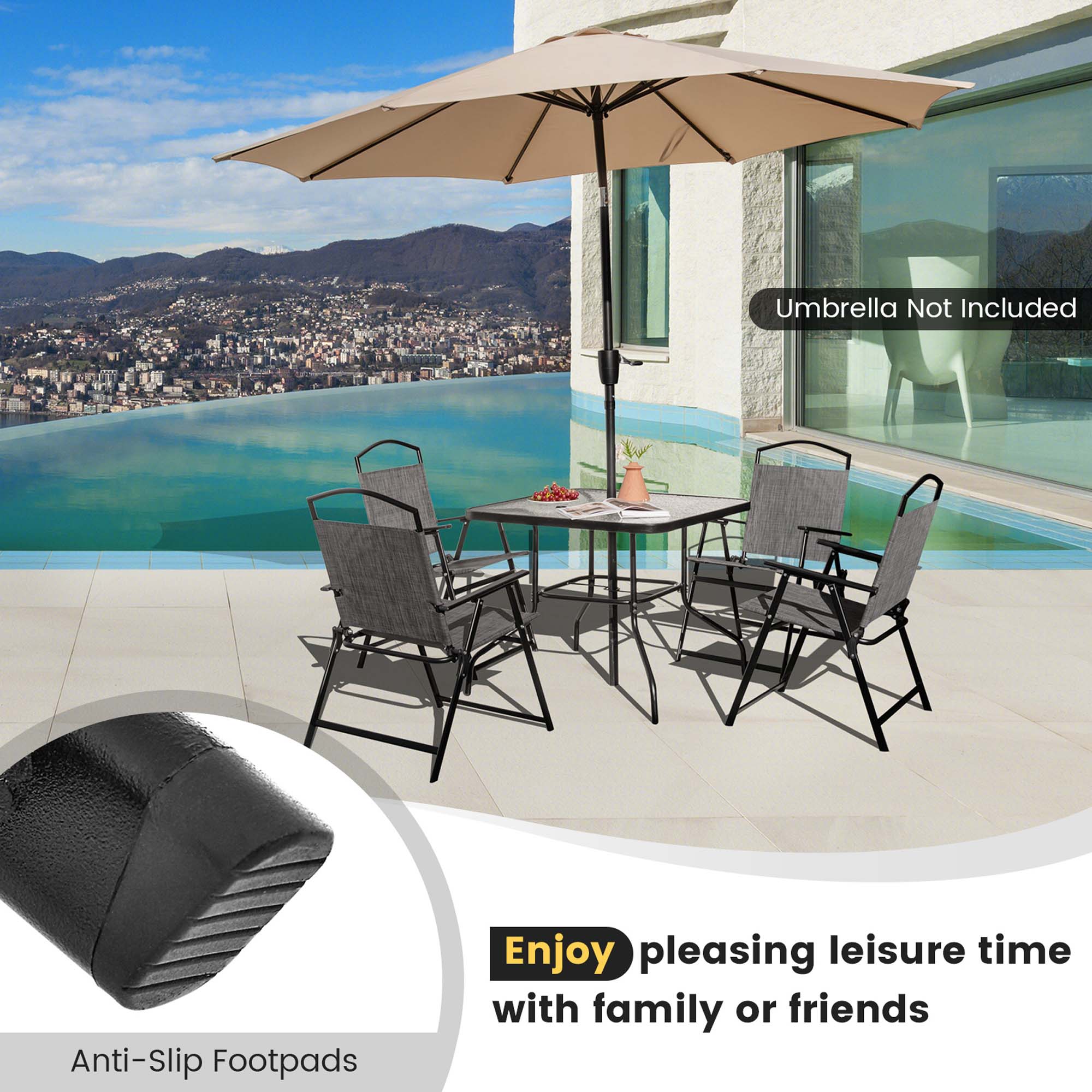 Costway Patio Folding Dining Chairs Set of 4 with Cozy Seat Fabric & Heavy-Duty Metal Frame Grey