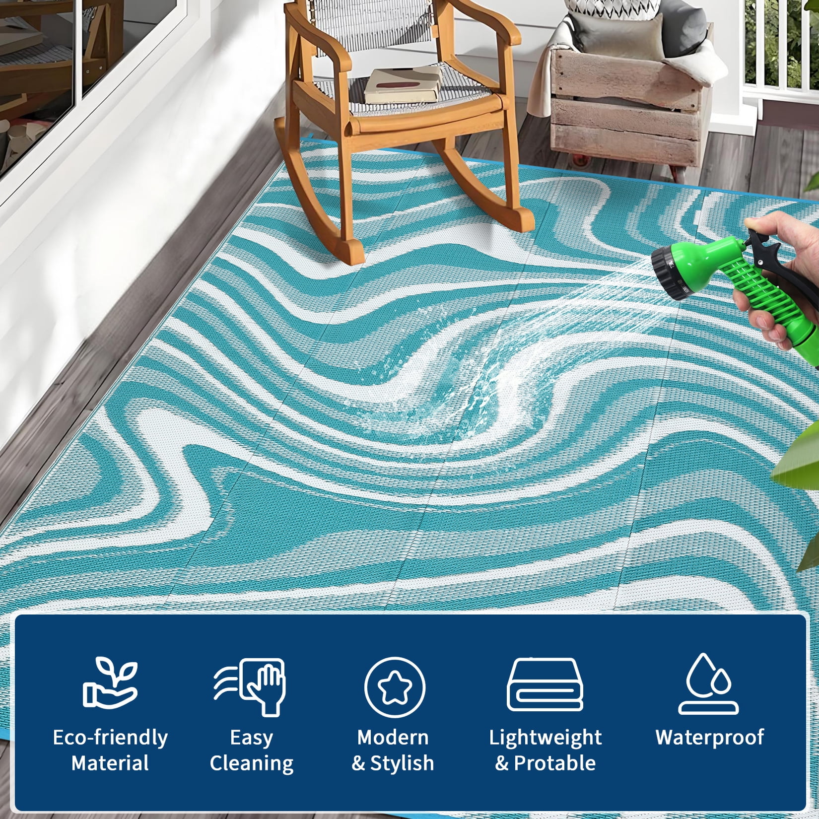 Garvee Outdoor Rug 9'x12' Abstract Plastic Area Rug Waterproof Reversible Outdoor Carpet, Plastic Straw Rug for Patio RV Camping Balcony Deck Backyard, Light Blue
