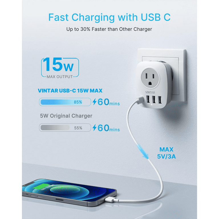 VINTAR USA Adapter Reisadapter met 3 USB Poorten en 1 USB-C Poort, US USB Stekker, Reisadapter voor Canada, Mexico, Thailand, Colombia, enz., Type B, Wit