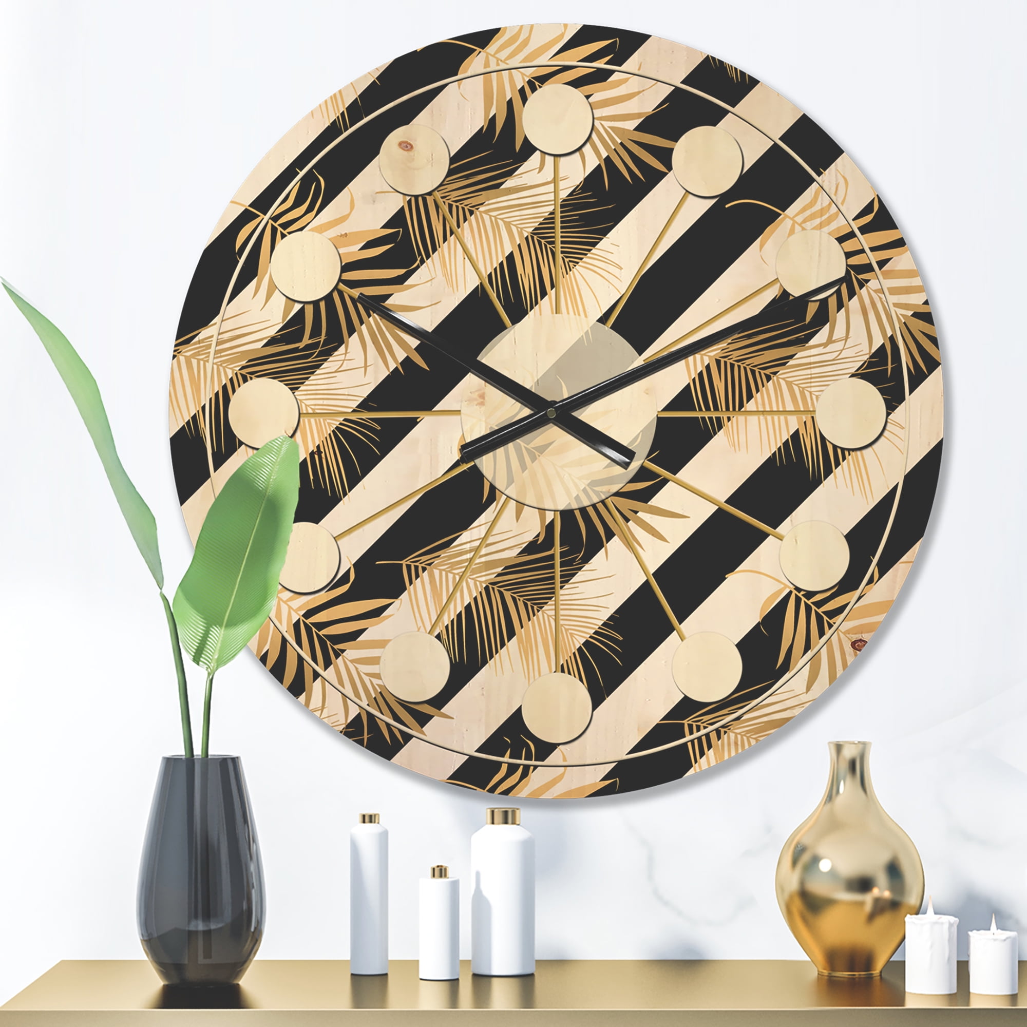 Designart 'Retro Golden Foliage VII' Mid-Century Modern Wood Wall Clock