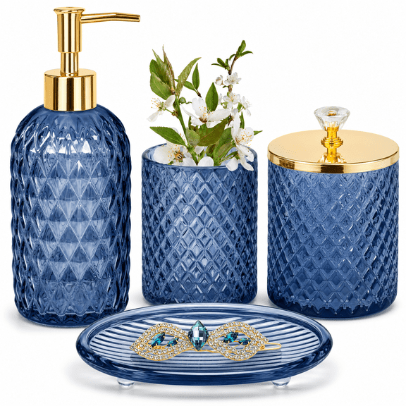 4 Piece Navy Blue Glass Bathroom Accessory Set