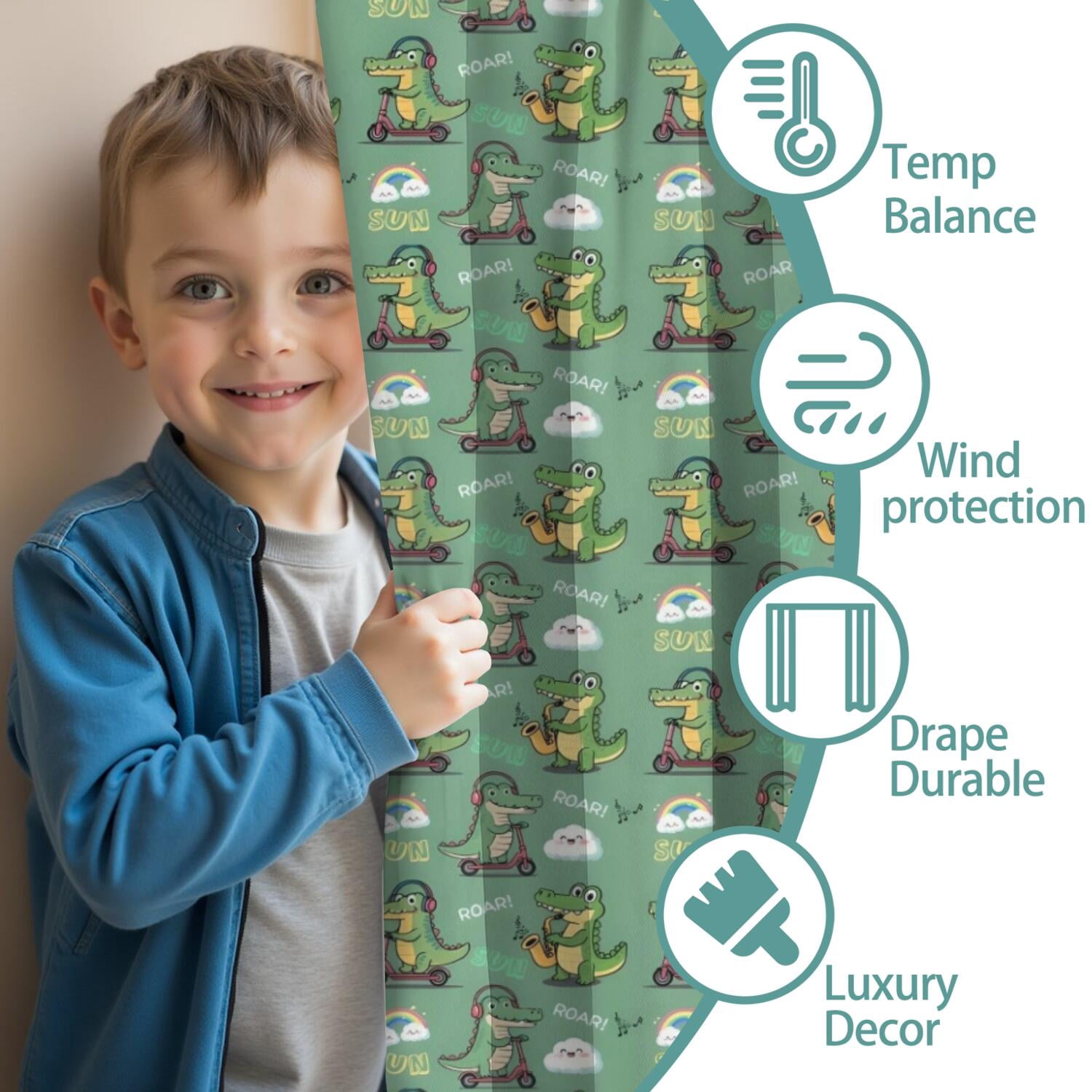 Blackout Kids Curtains,Green Alligators Icons Pattern Childrens Insulated Curtains Set Of 2,Bedroom Essentials,Toddler Room Decor 42"x84"