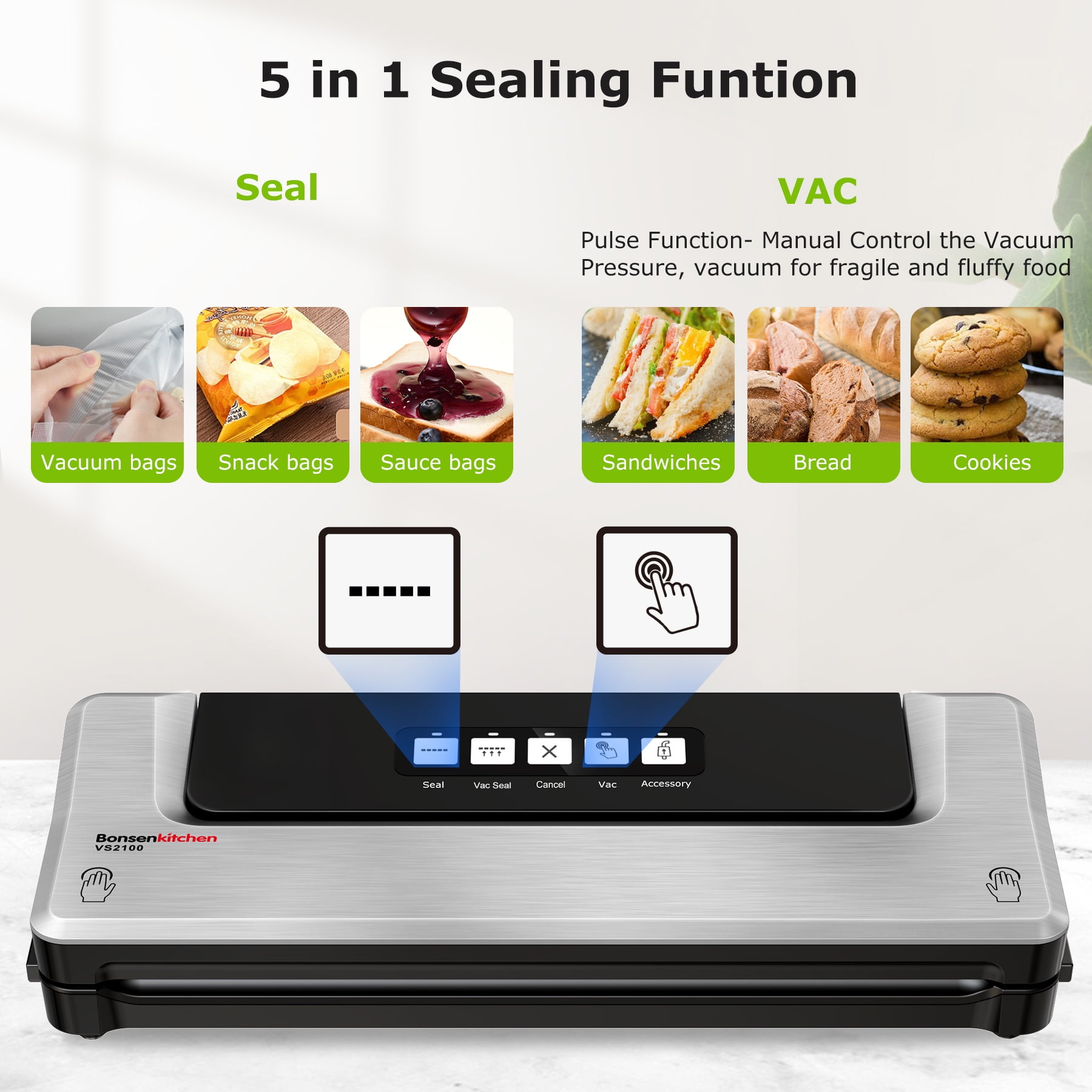 Bonsenkitchen Dry/Moist Vacuum Sealer Machine with 5-in-1 Easy Options for  Sous Vide and Food Storage, Air Sealer Machine with 5 Vacuum Seal Bags & 1  Air Suction Hose, Silver - Yahoo Shopping