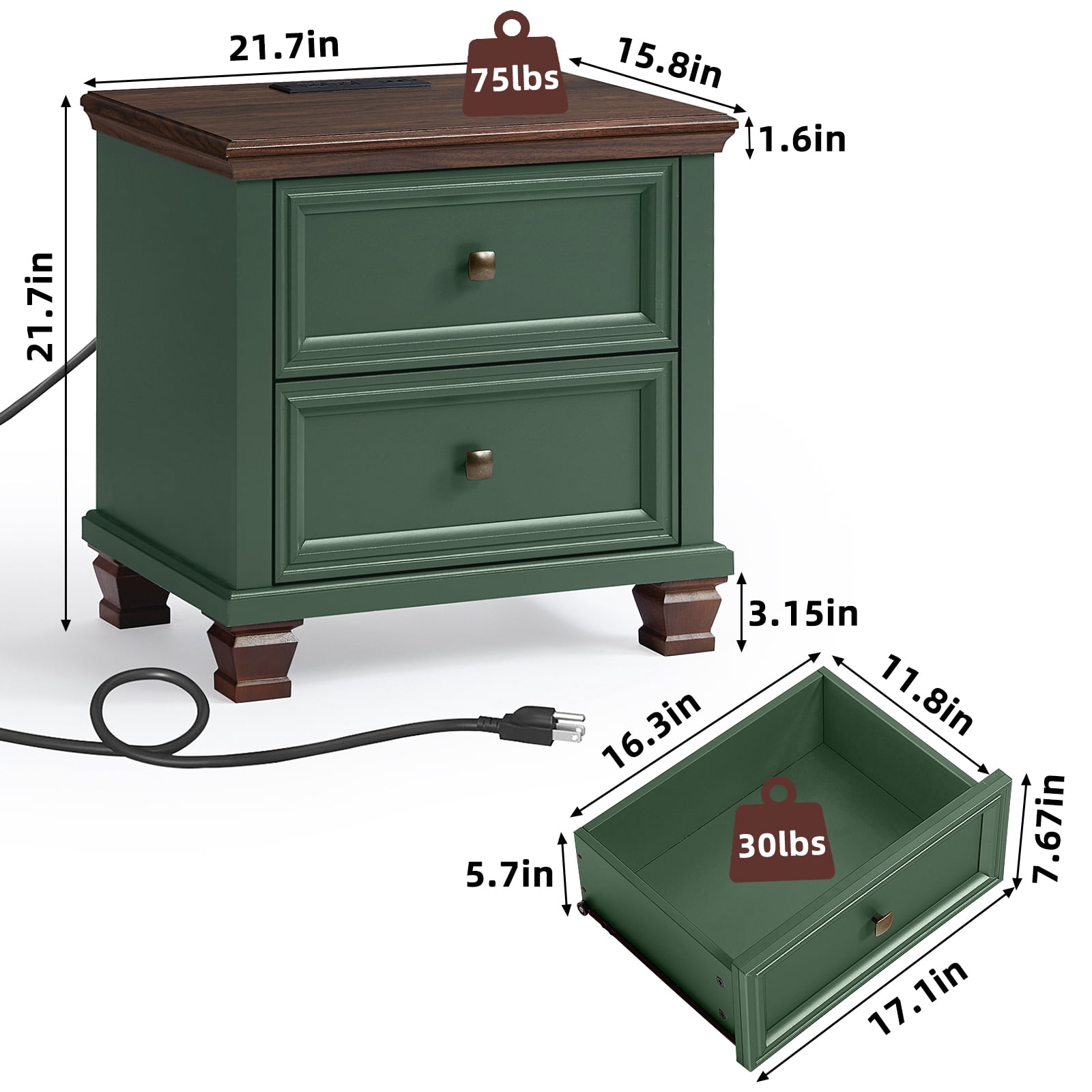 Buildhom Farmhouse Nightstand with Charging Station, 2-Drawer Rustic End Table with Solid Wood Legs for Bedroom, Green