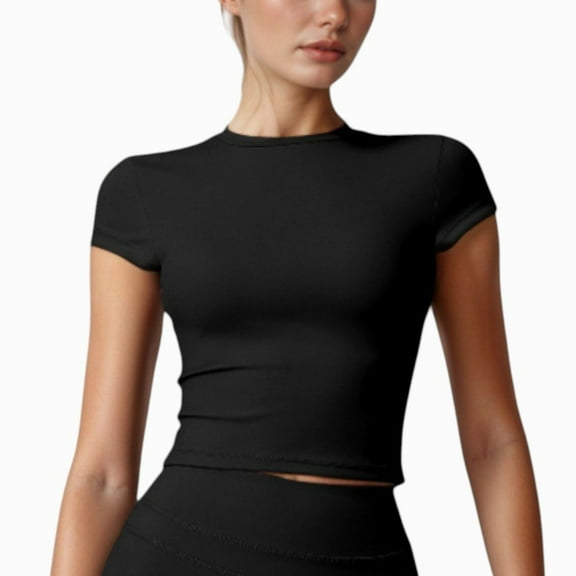 Women's Fitted Crop Active Tee Short Sleeve Round Neck Stretch Performance Fabric - Small, Black