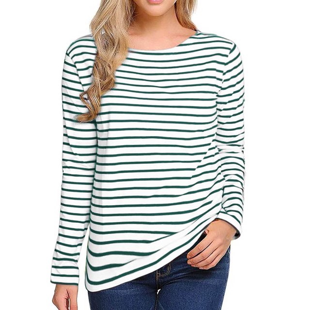 Jienlioq Hauts Grande Taille pour Femmes Mode Décontractée Couleur Unie Imprimée Col en V Manches Longues Blouses Rayées Décontractées T-Shirt Col Rond
