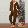 thumbnail image 2 of Feancey Christmas Pajama Onesie for Women Xmas Hooded Jumpsuit Winter Fleece Warm Zip Pajamas with Pockets Lounge Home Wear Brown M, 2 of 9