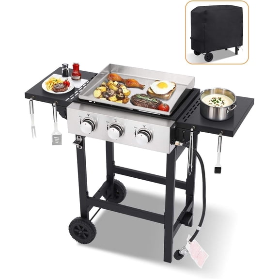 Gas Grill Griddle Combo with 3 Burners - Propane Grill on Cart - Stainless Steel - 30,000 BTU - Outdoor Cooking Station with 2 Foldable Tables