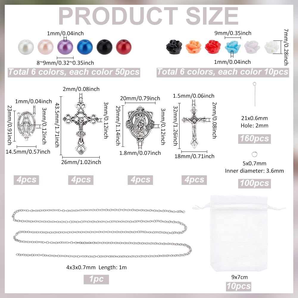 1set 647pcs Rosary Jewelry Making Kit Prayer Making Supplies Necklace Set 8mm Glass Pearl Beads Cross Charms Rose Beads for Mubarak Ramadan Jewelry Making Bracelet Earring