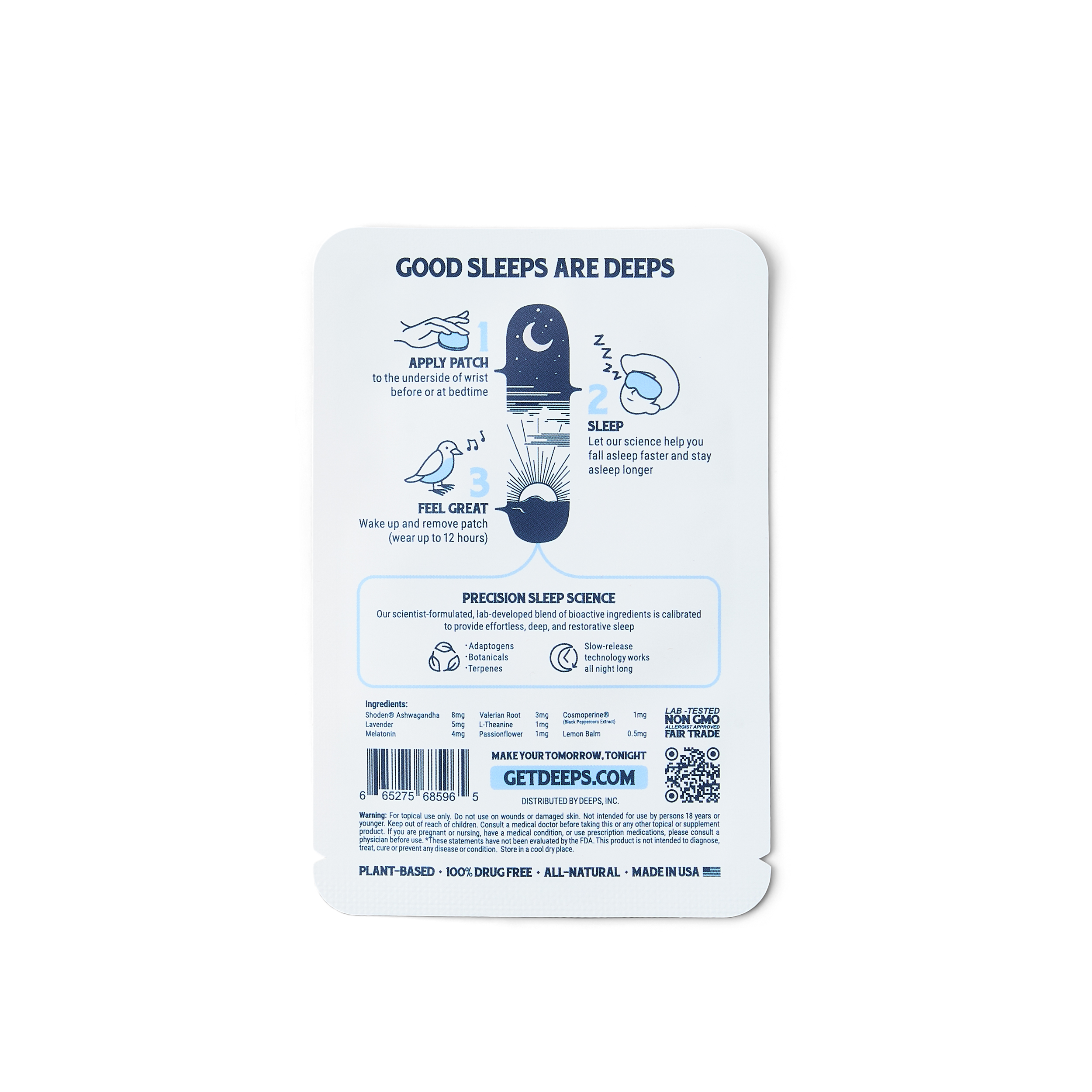 DEEPS Nightly Sleep Patch – Natural, Drug-Free Sleep Patches for Quality and Efficient Rest, Melatonin, Ashwagandha, Valerian Root, Lavender, 5 Count