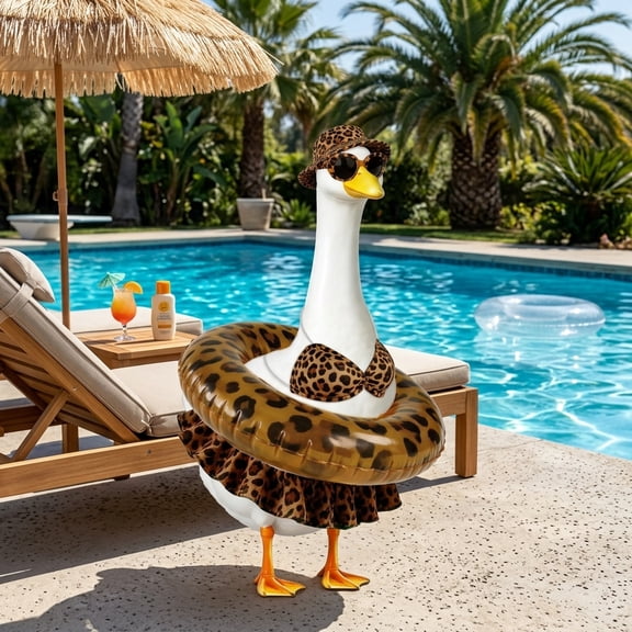 5PCS Porch Goose Outfit Set, Leopard Print Bikini Costume for 23" Statue, Summer Beach Pool Lawn Patio Decor with Bucket Hat Sunglasses Swim Ring