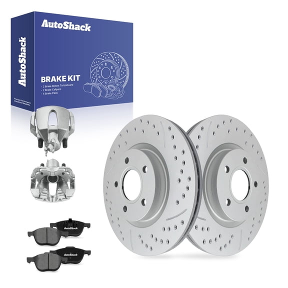 AutoShack Front Vented Drilled & Slotted Coated Brake Rotors Silver Matte Finish   Premium Ceramic Pads   Calipers 8-PC Brake Kit Replacement for 2013 Ford Escape TurboGuard 11.81" (300 mm)
