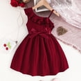 thumbnail image 6 of Afuyipoi Girls'Summer Dress（For 4-9）, Ruffle Hem Ruffle Collar Shoulder Wiht Bow Solid Color Knee-Length Dress For Girls Wine 8-9 Years, 6 of 6