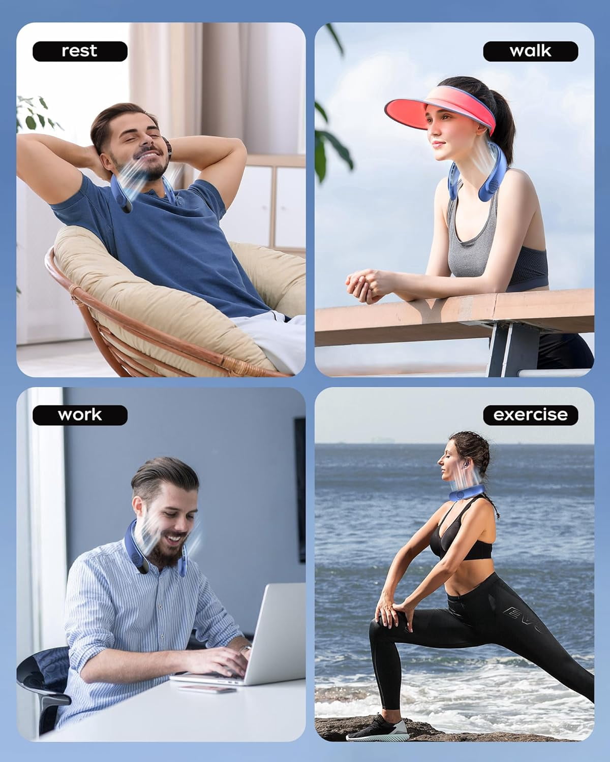 FrSara Neck Fan, Personal Fan with LED Display, Portable Neck Fan, Hands Free Bladeless Fan, 4000mAh-Battery, 3-Speed Adjustment & Whisper-Quiet Operation, Perfect for Home,Camping,Travel ,Blue
