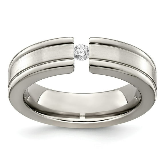 Grey Titanium Ring Band Wedding Grooved Diamond Round