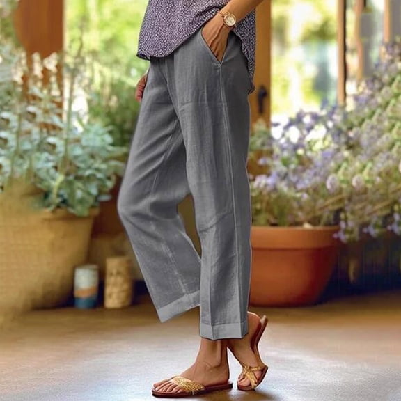 Dwellite Women's Linen Pants Ankle Length Straight Leg Cropped Pants Elastic Waist for Summer Beach Vacation with Pockets Gray 3XL