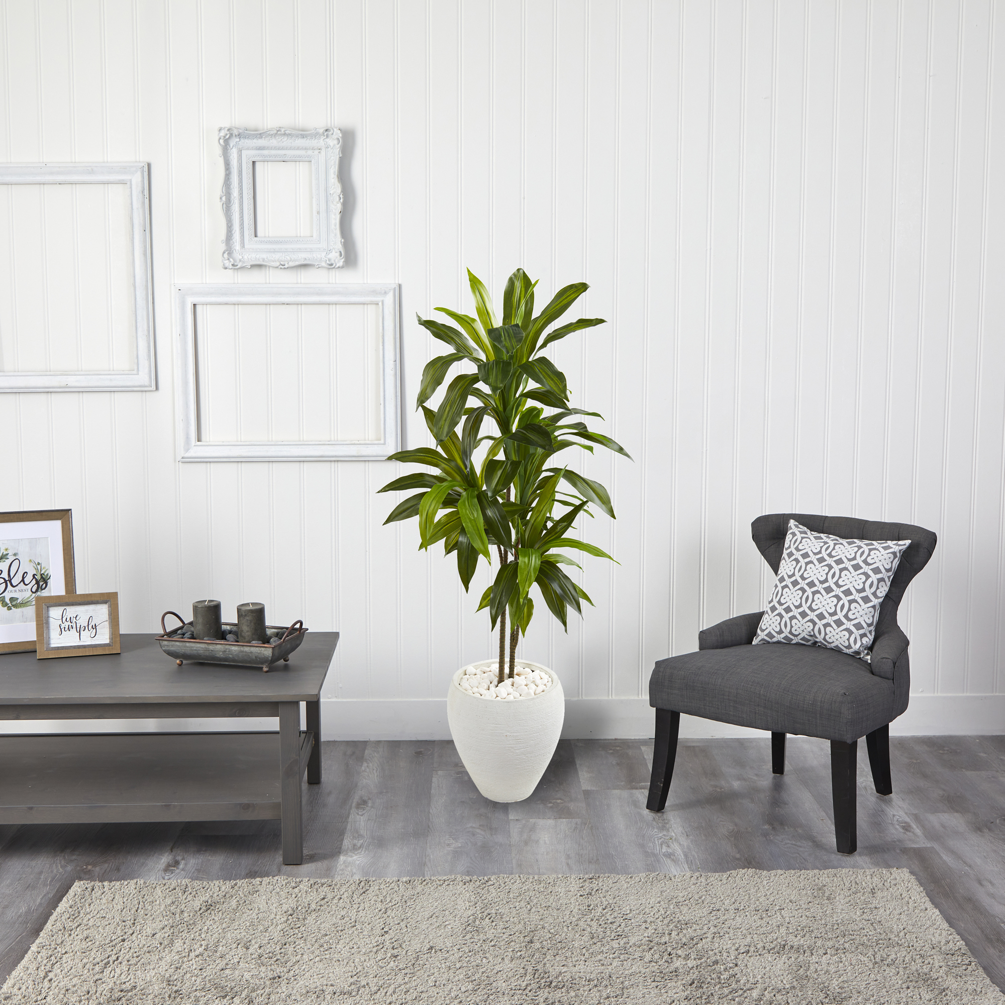Nearly Natural 46" Dracaena Artificial Plant in White Planter (Real Touch), Green