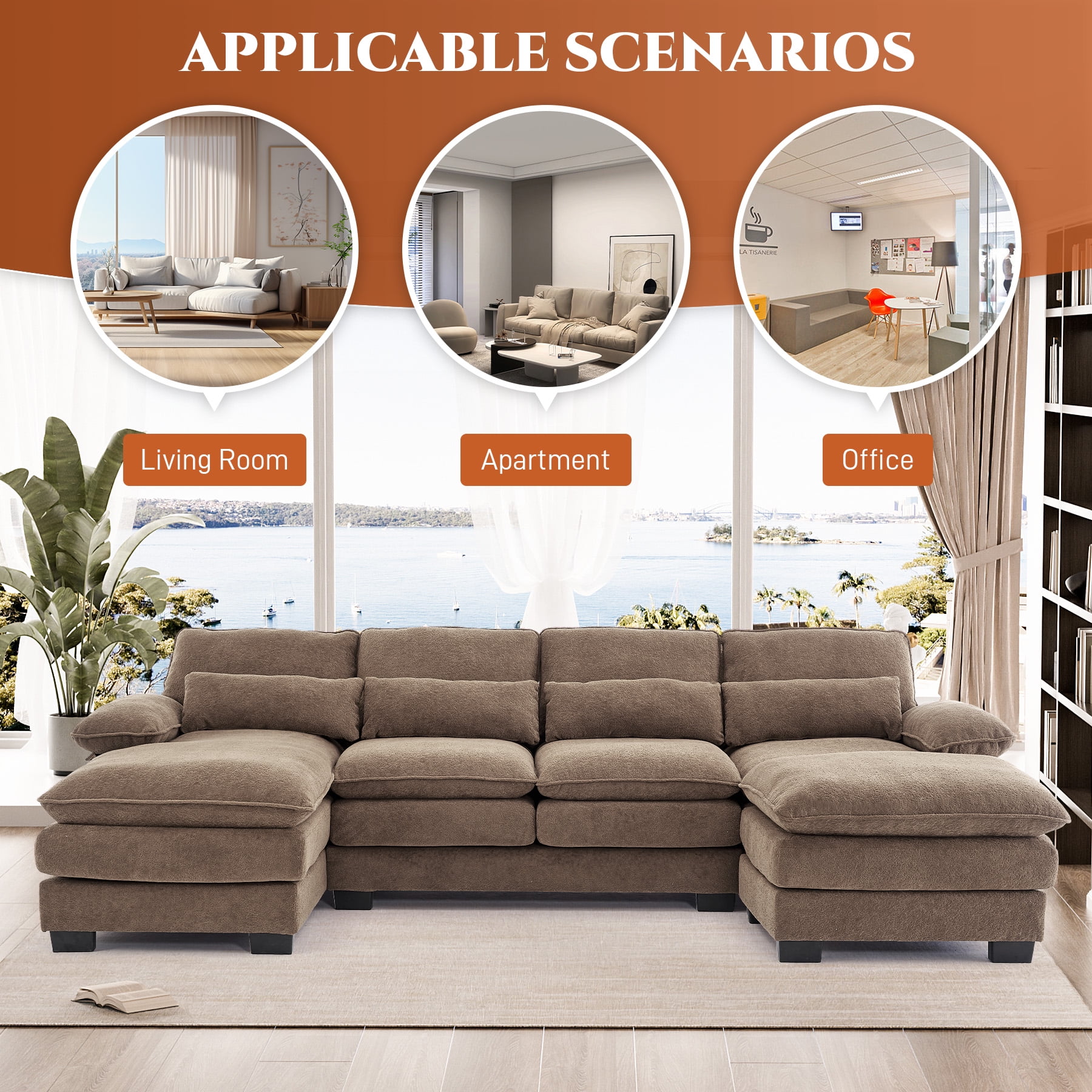Wiilayok 114" U Shaped Sectional Sofa with Chaise Lounge and Ottoman,Chenille Modular Sectional Sofa Couch for Living Room,Brown