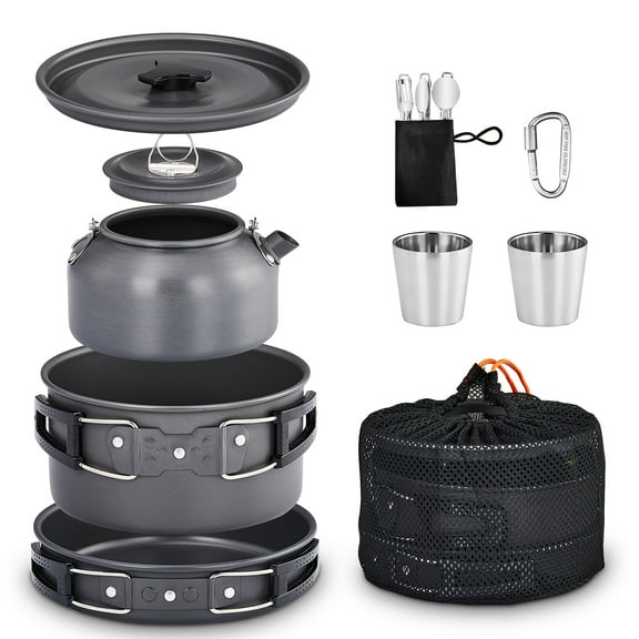 UBesGoo Camping Cookware Kit Outdoor Cooking Set w/ Pot,Pan,Kettle,Cups,Forks,Knives,Spoons
