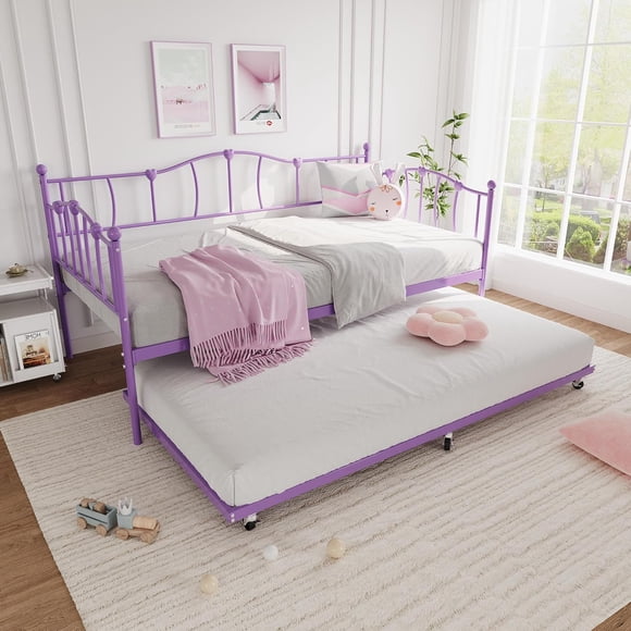 EastVita Metal Twin Daybed With Trundle Bed Twin Size Day Bed With Pullout Trundle and Headboard Metal Sofa Bed Frame With Steel Slat Support for Living Room Bedroom No Box Spring Needed Purple
