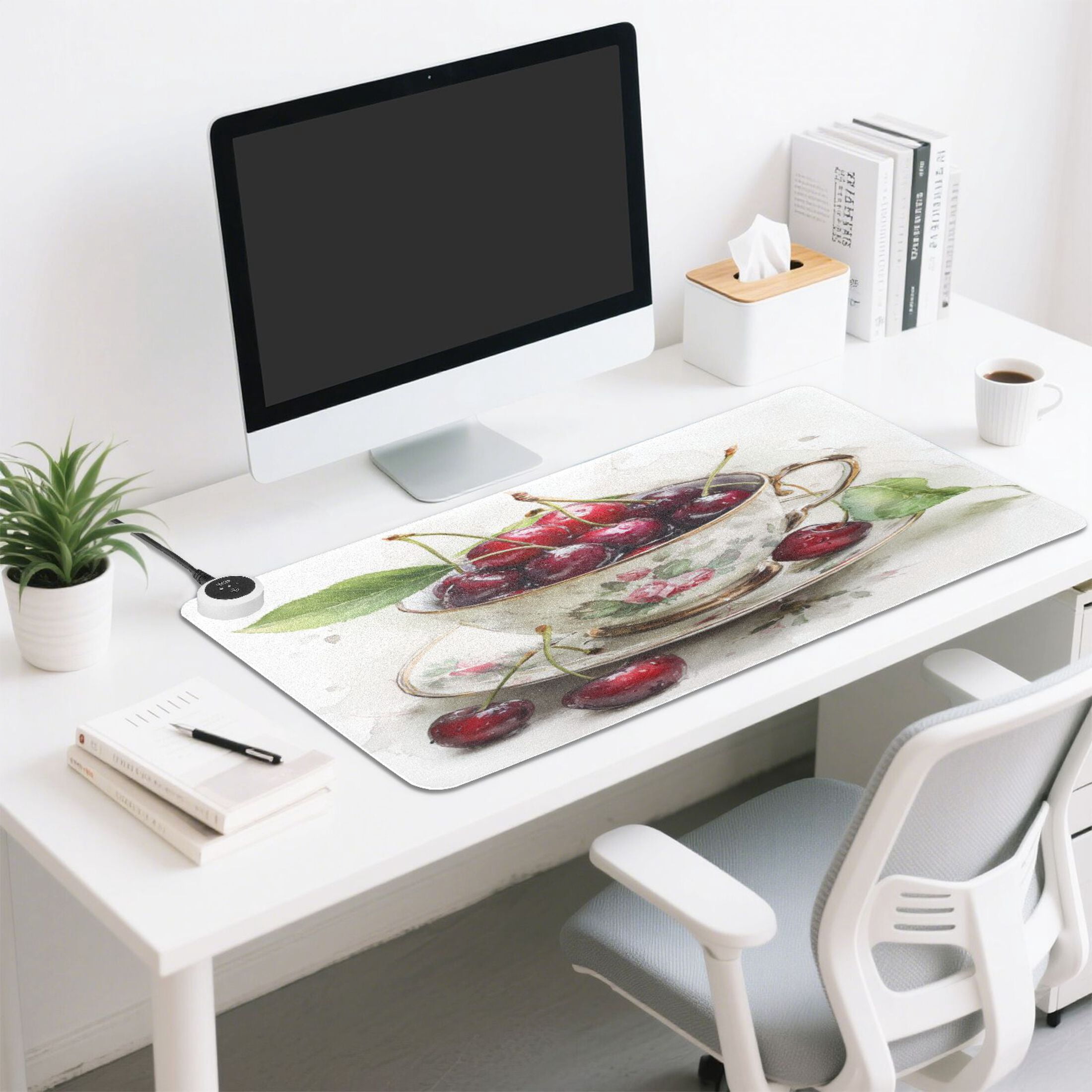 Large Heated Desk Mat Mouse Pad 31.5"x13"PU Leather Graphene Heating Desk Warmer with 3 Temperature Settings 110V US Plug Non-Slip Warm Pad for Home, Office, and Gaming Teacup Filled with Cherries