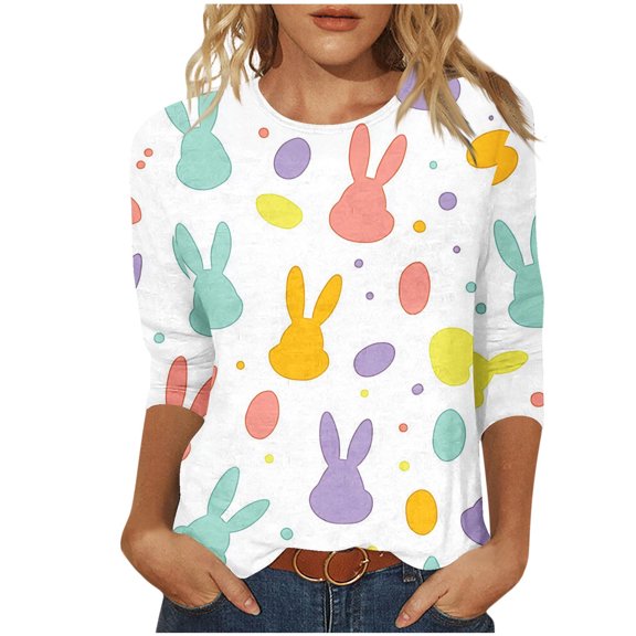 successthop Easter Clothes Women Bunny Casual 3/4 Sleeve Beach T Shirt Crewneck Top Loose Summer Vacation Clothes 5XL