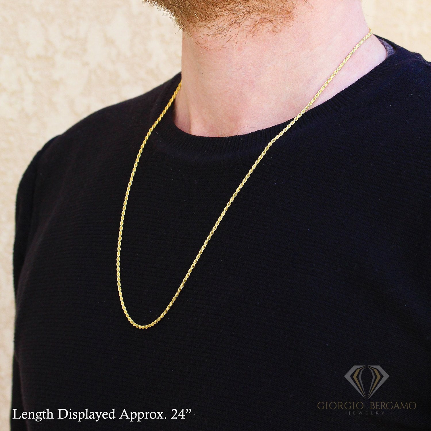 925 Italian Sterling Silver 2mm Solid Rope Diamond Cut Chain, FREE Microfiber Cloth, Yellow Gold Plated Link Mens Womens Necklace, Giorgio Bergamo