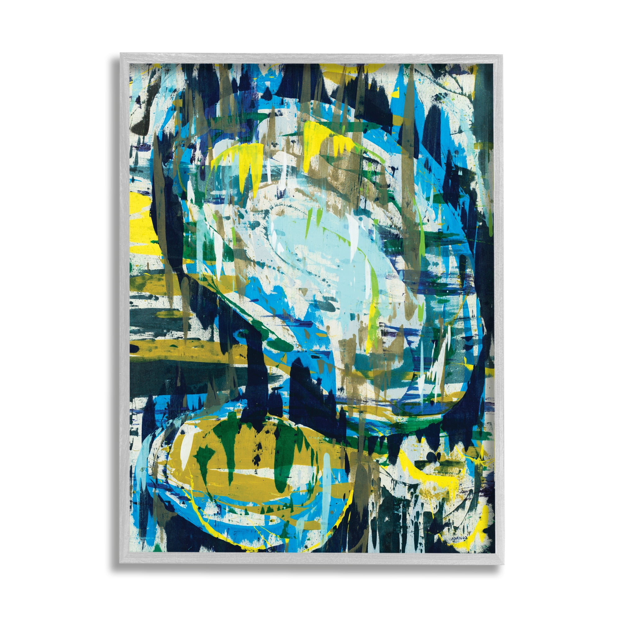 Stupell Industries Surreal Abstract Shapes Blue Green Brush Strokes Abstract Painting Gray Framed Art Print Wall Art 16 x 20
