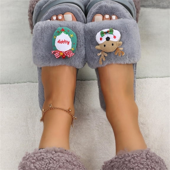 Aayomet Heated Slippers Women Color Cartoon Christmas Decoration Plush Casual Flat Cotton Slippers (Gray, 8)