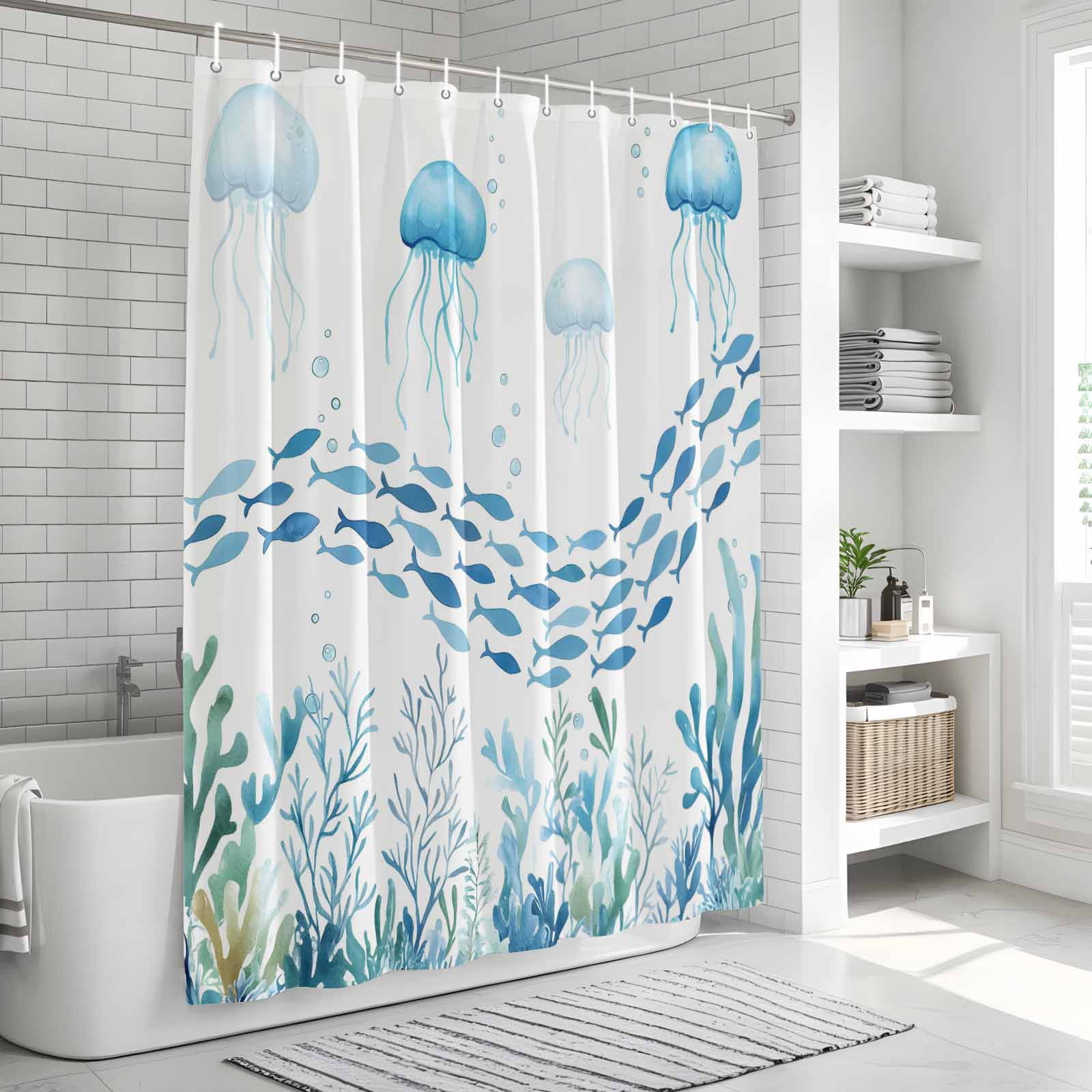 Shower Curtain Bathroom Set Underwater Life Octopus Fish Seaweed Waterproof Fabric Shower Curtains with Grommets&Hooks, Marine Theme Coral Privacy Bath Curtain for Bathtub 72x72in