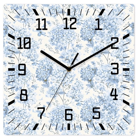 Wall Clock Blue Hydrangea Operated Square Clocks Wooden Silent Non-Ticking Wallclock 12 Inch Spring Flower Leaf Wood Wall Clock for Living Room Bedroom Office Shool Home Decor