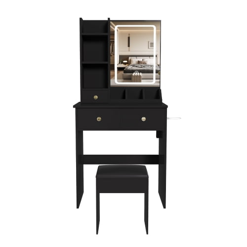 Modern Vanity Desk Set with LED Lighted Mirror, 3 Color Lighting Modes Adjustable Brightness, Built-in Power Outlet & Hair Dryer Holder, Drawers & Open Storage Shelves, Dressing Chair, Black