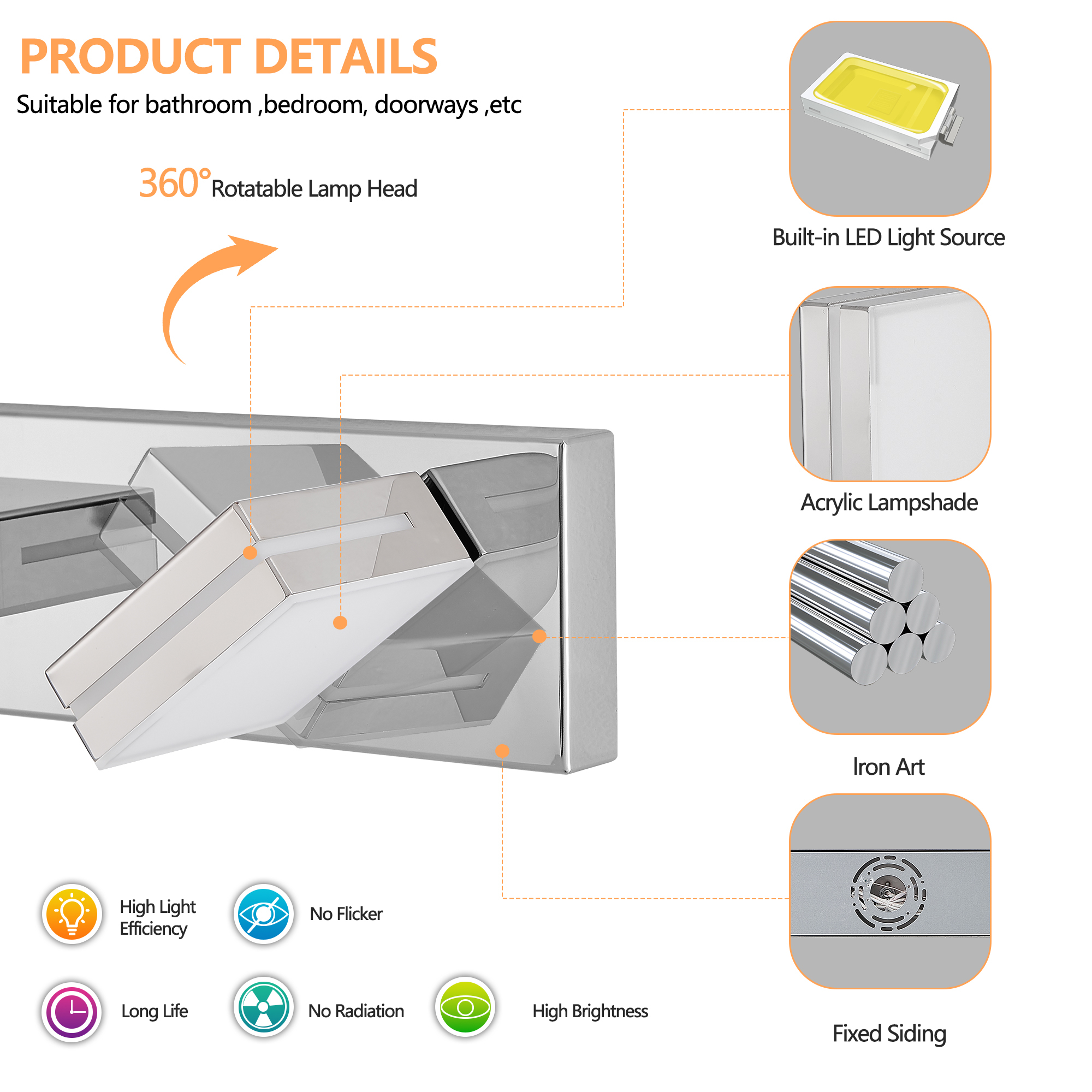 Leumius Modern 7-Light LED Vanity Light, Sleek Minimalist Design, Energy-Efficient, Easy to Install Wall Sconce for Mirror, Bathroom, Bedroom and Hallway Chrome