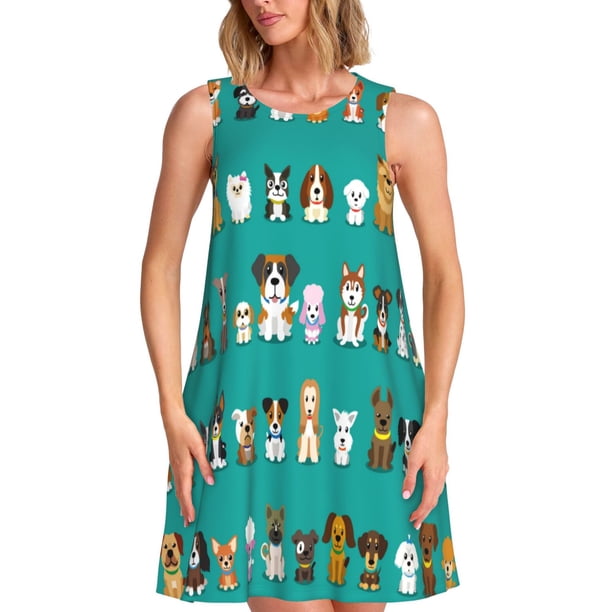 Balery Cartoon Dogs Vestidos de verano para mujer con estampado: vestido holgado sin mangas, vestido playero informal y cómodo para días calurosos.