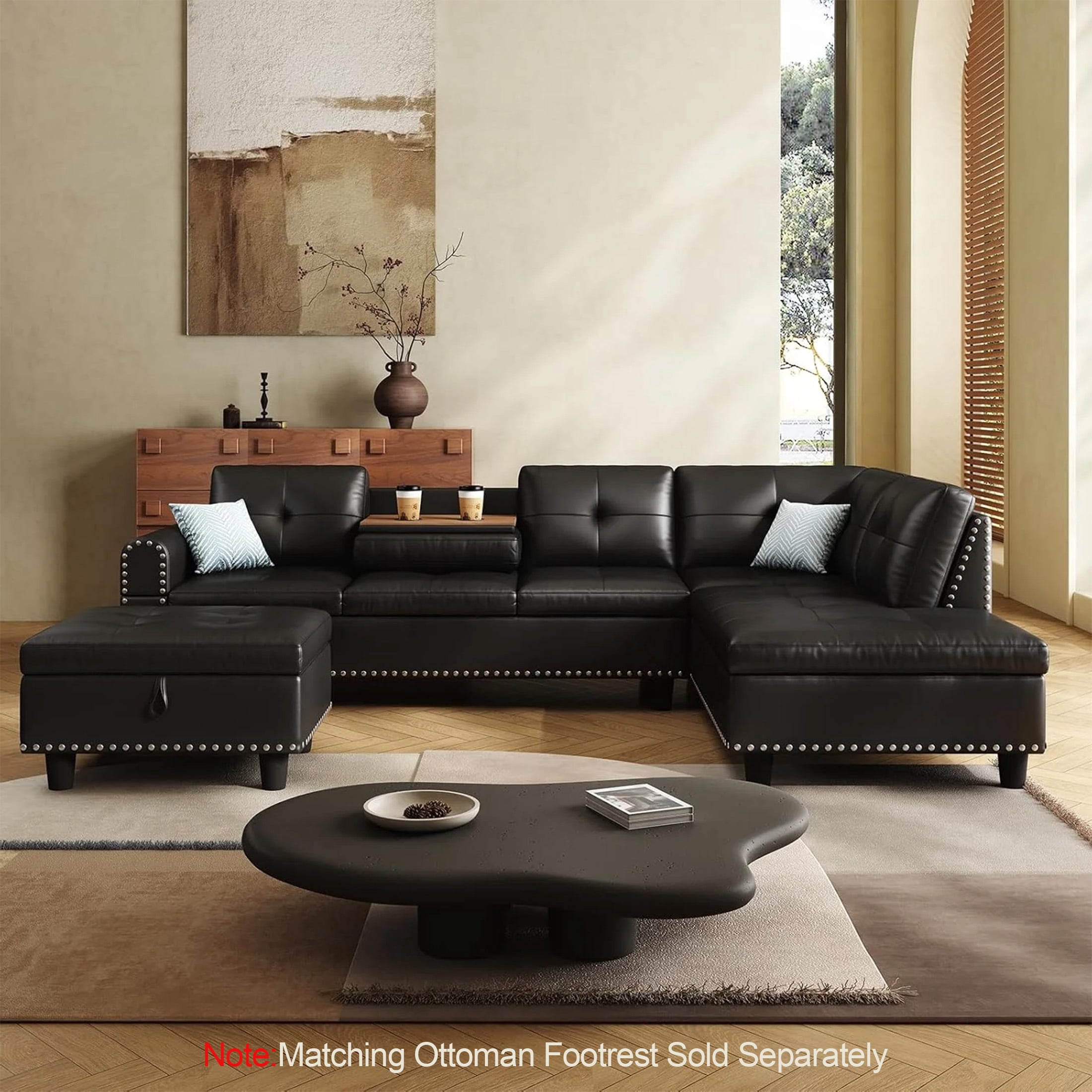AENKYO 98" L-Shaped Sectional Sofa with Reversible Chaise and Cup Holders, Faux Leather, Black