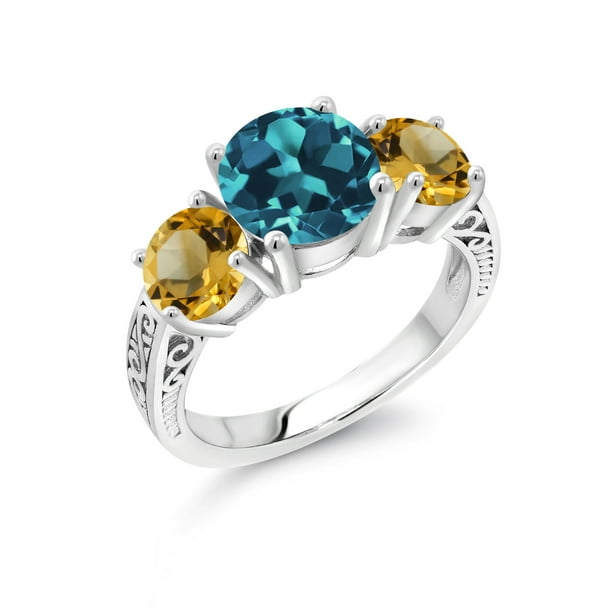 Gem Stone King 925 Sterling Silver London Blue Topaz And Yellow Citrine 3 Stone Women Ring 4 10 Ct Round Gemstone Birthstone Available In Size 5 6