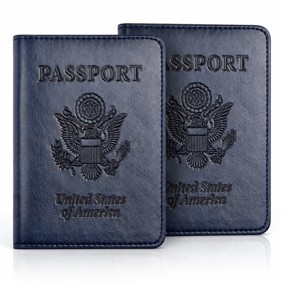 DEZEN Passport Holder with Vaccine Card Holder Slot Combo, PU Leather Waterproof, Dark Blue, Pack 2